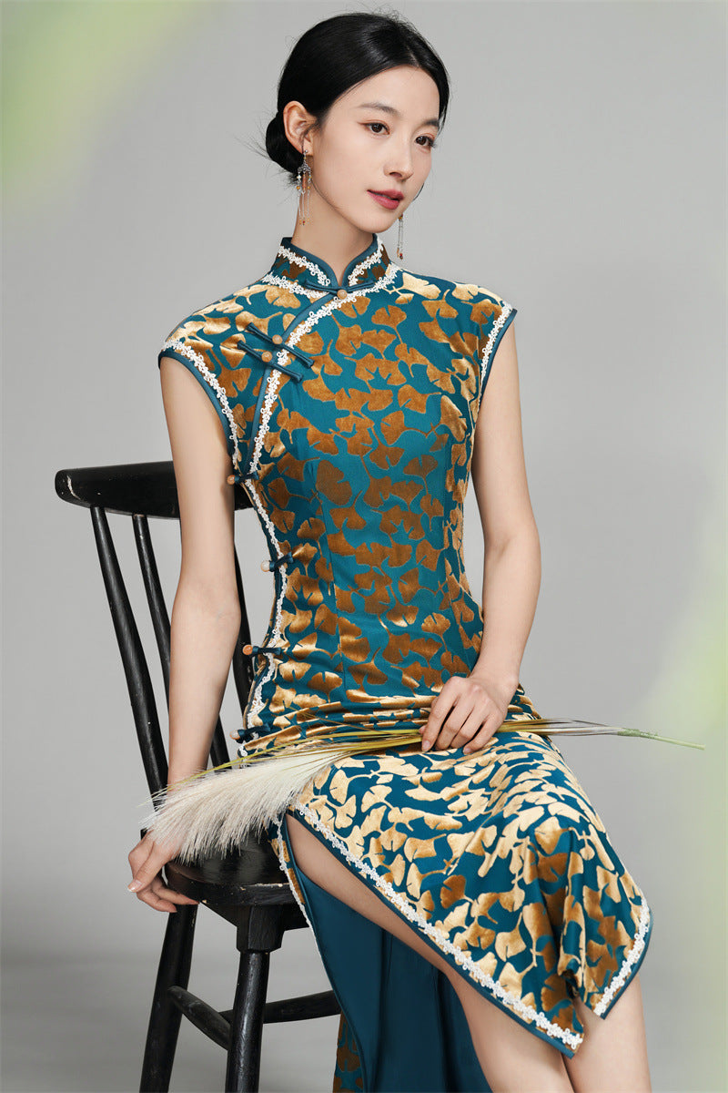 Velvet Ginkgo Leaf Floral Print Cheongsam Dress