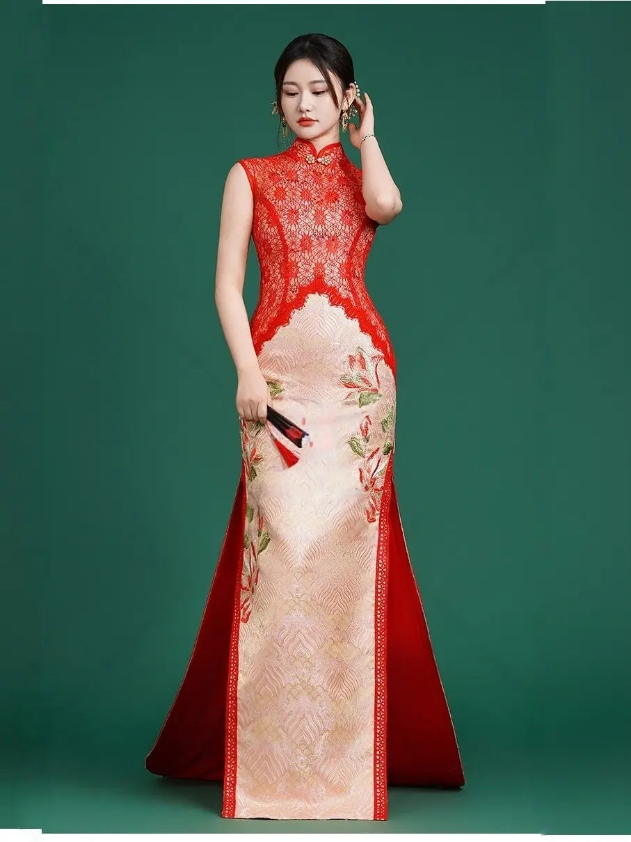 Modern Red Lace Overlay Jacquard Wedding Qipao with Train -Custom Size Available