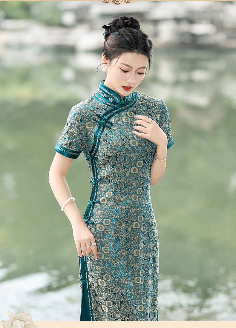 Teal Foral Long Cheongsam Qipao Dress