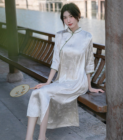 Robe Qipao Cheongsam ample en jacquard blanc ivoire
