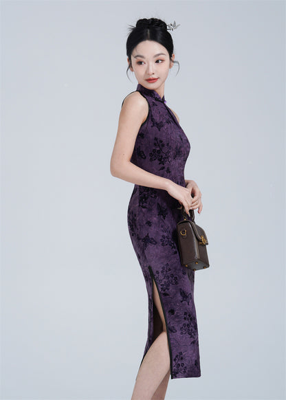 Purple Halter Neck Velvet Qipao with Butterfly Print