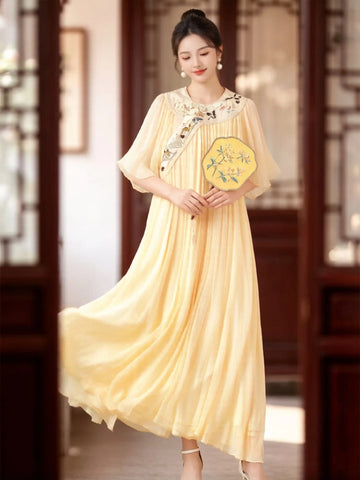 Classic Soft Yellow Chinese Embroidered Mulberry Silk Loose Qipao