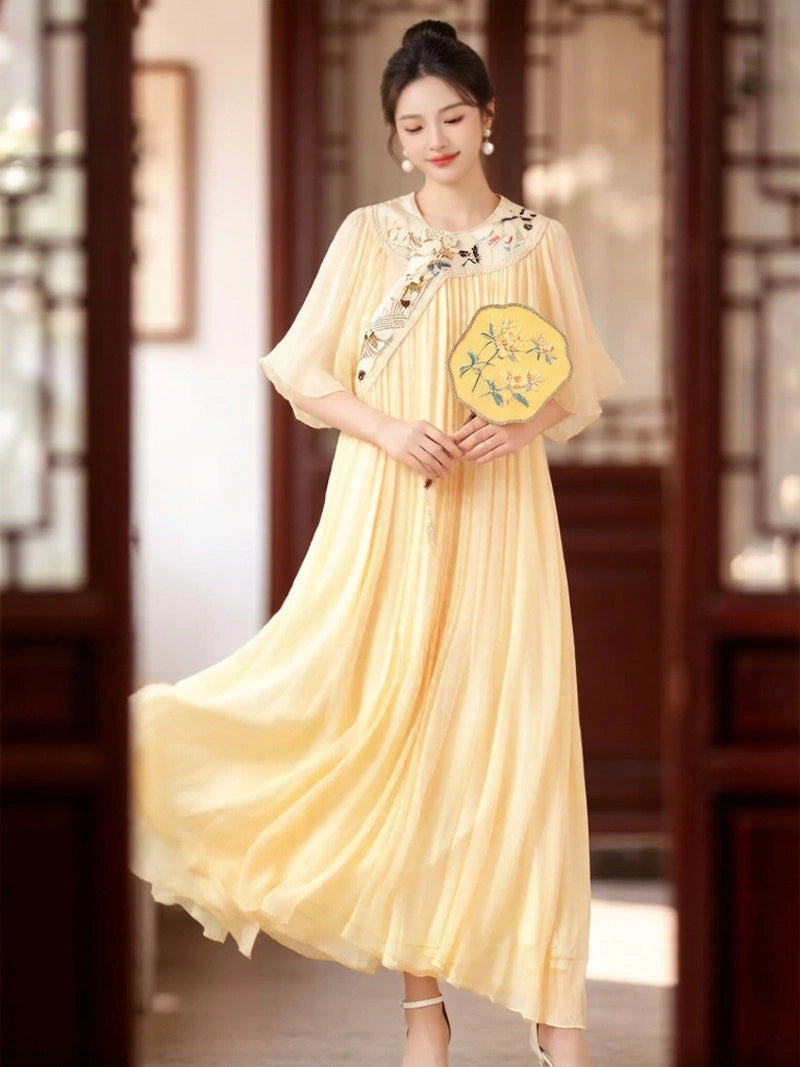 Classic Soft Yellow Chinese Embroidered Mulberry Silk Loose Qipao