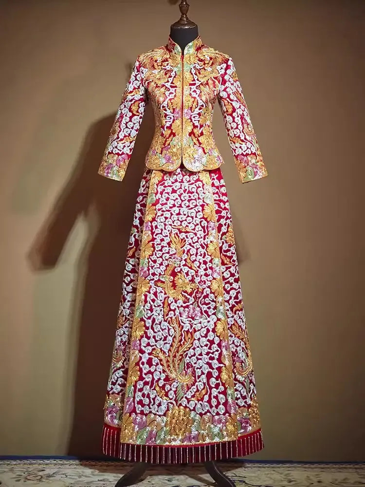 Multicolored Embroidered Qun Kwa - Cai Kwa Chinese Wedding Dress for Bride