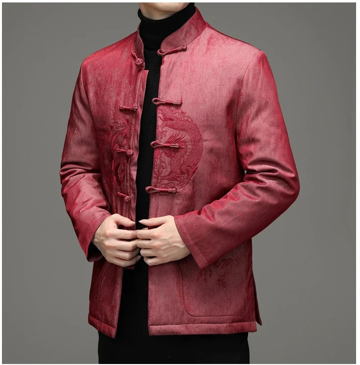 Red traditional chinese Men’s Dragon Embroidered Goose Down Tang Jacket with intricate designs on a gray background