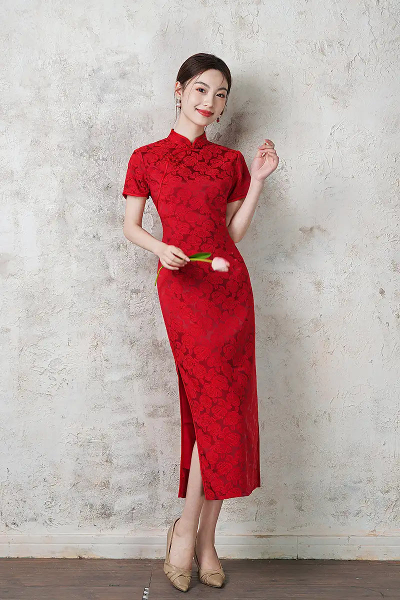 Red Jacquard Qipao Cheongsam Dress | Rose Whisper