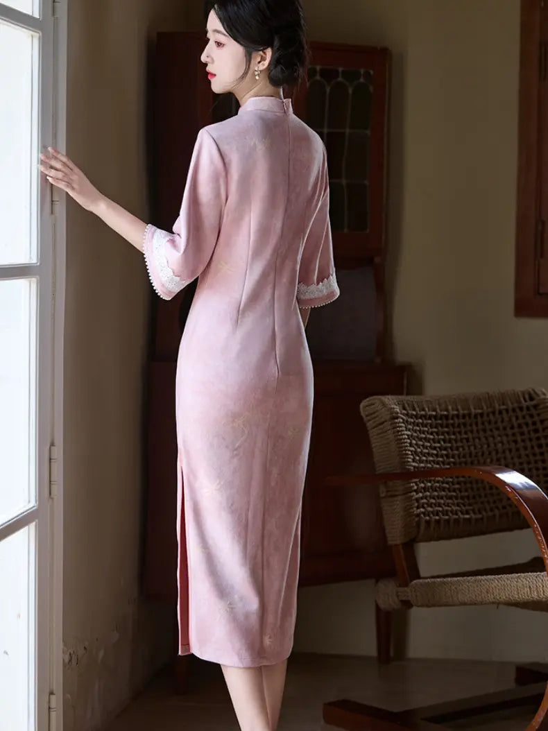 Vintage Golden Yellow/Pink Microsuede Cuff Bell Sleeve Qipao