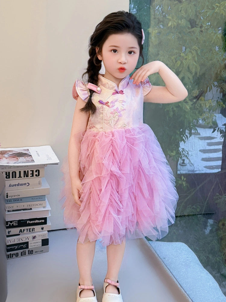 Robe Qipao moderne en tulle rose à fleurs pour filles