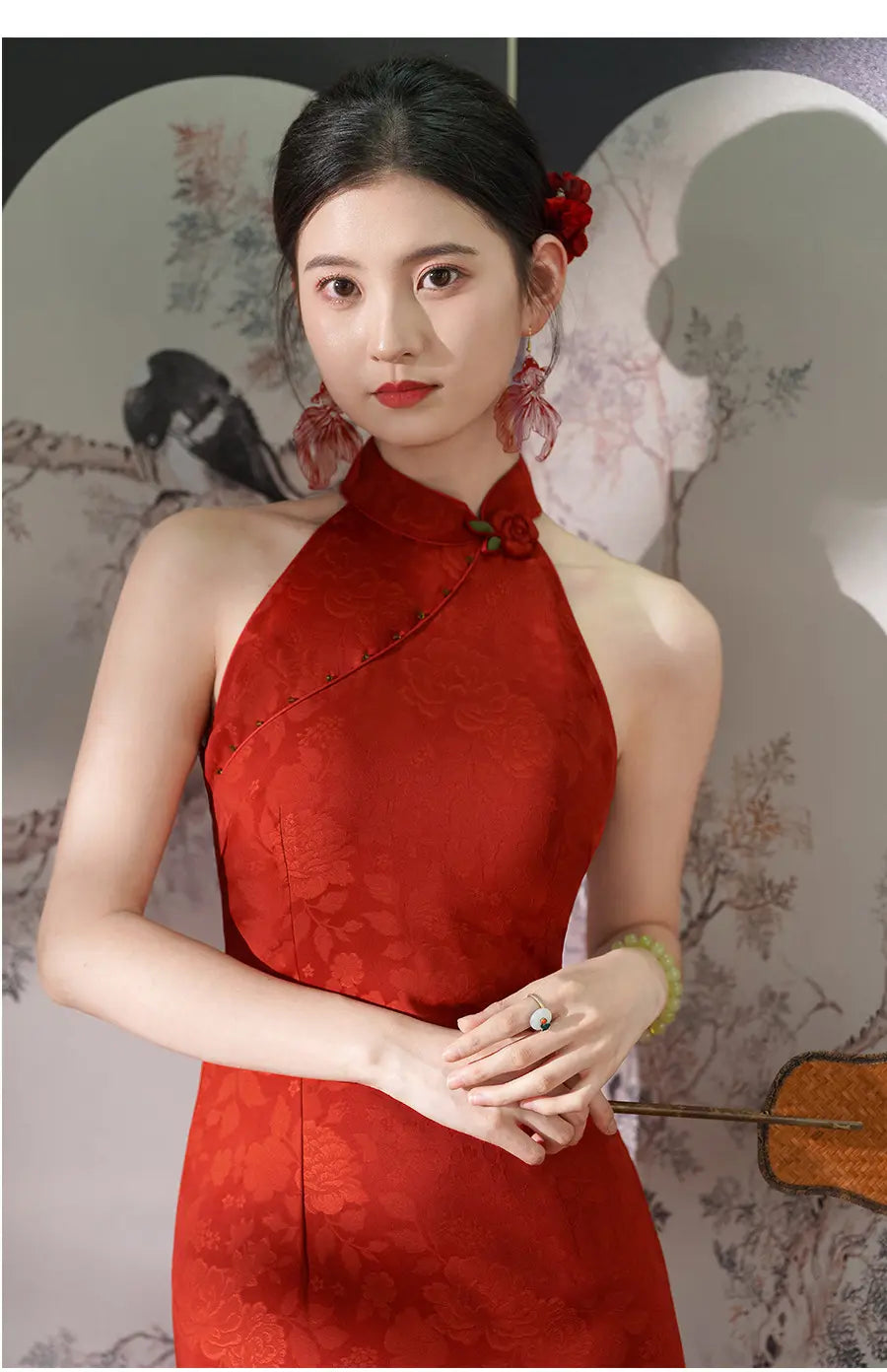 Red Floral Jacquard Halter Modern Bridal Qipao Dress