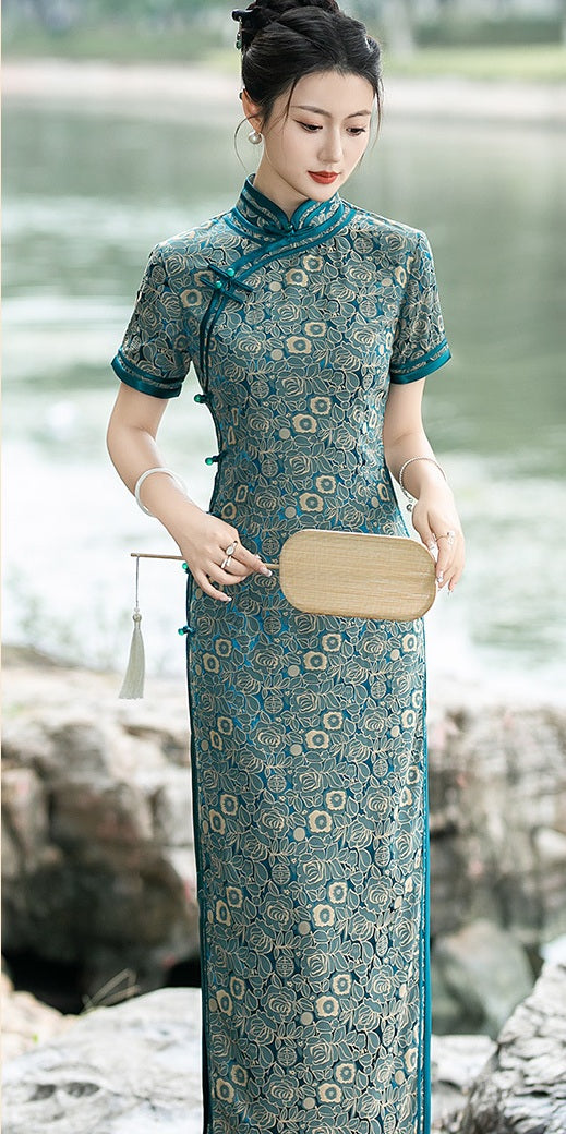 Teal Foral Long Cheongsam Qipao Dress