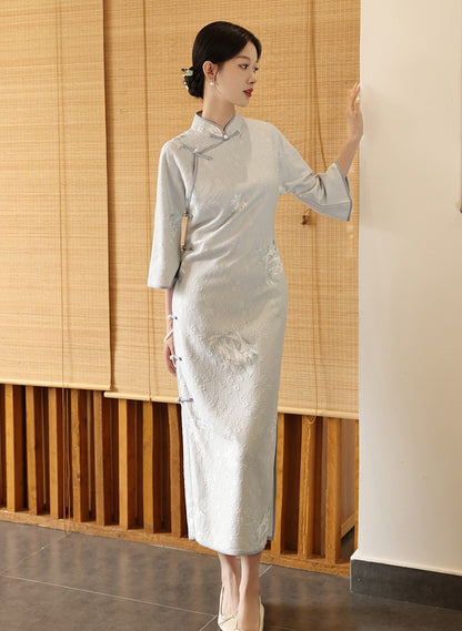 Light Blue Long Sleeves Lace jacquard Cheongsam Qipao Dress