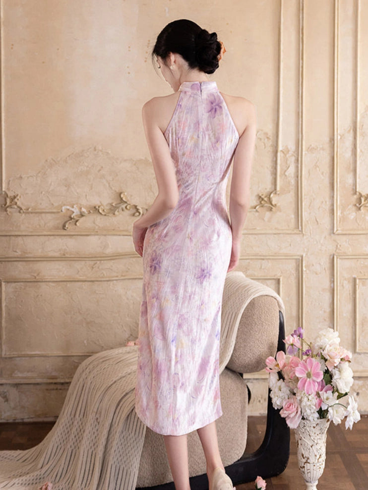 Modern Halter Neck Floral Velvet Qipao Dress