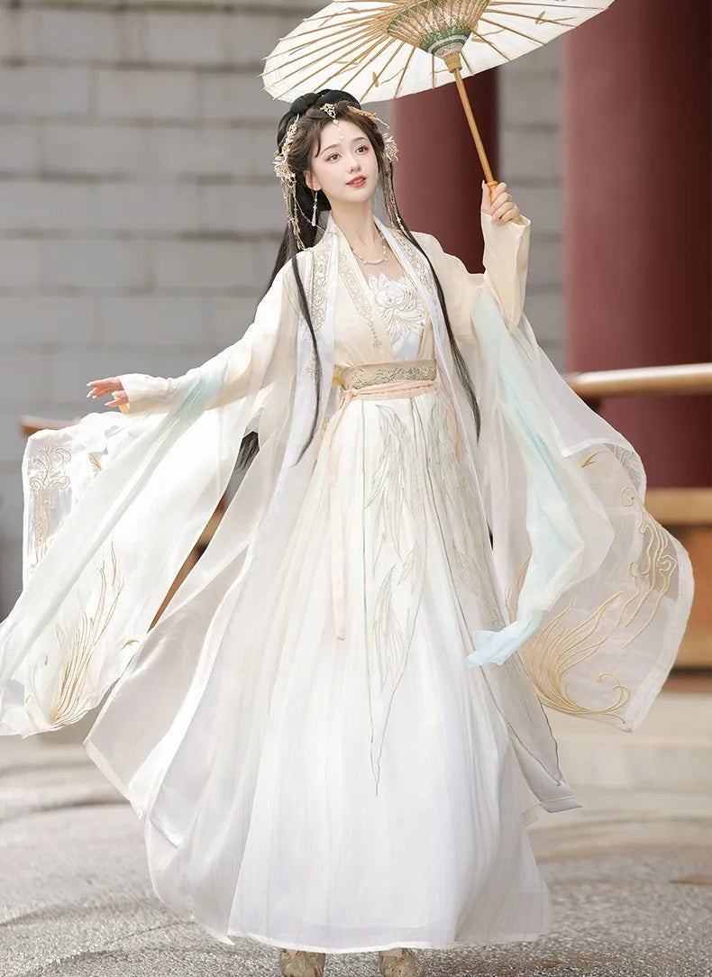 Elfenbeinweißes Hanfu-Kleid-Set aus der Song-Dynastie | Goldene Feder