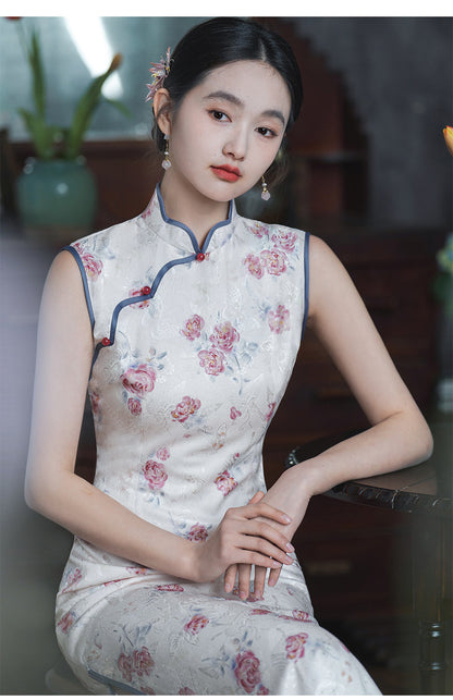 Sleeveless Floral Qipao Dress| Rosy