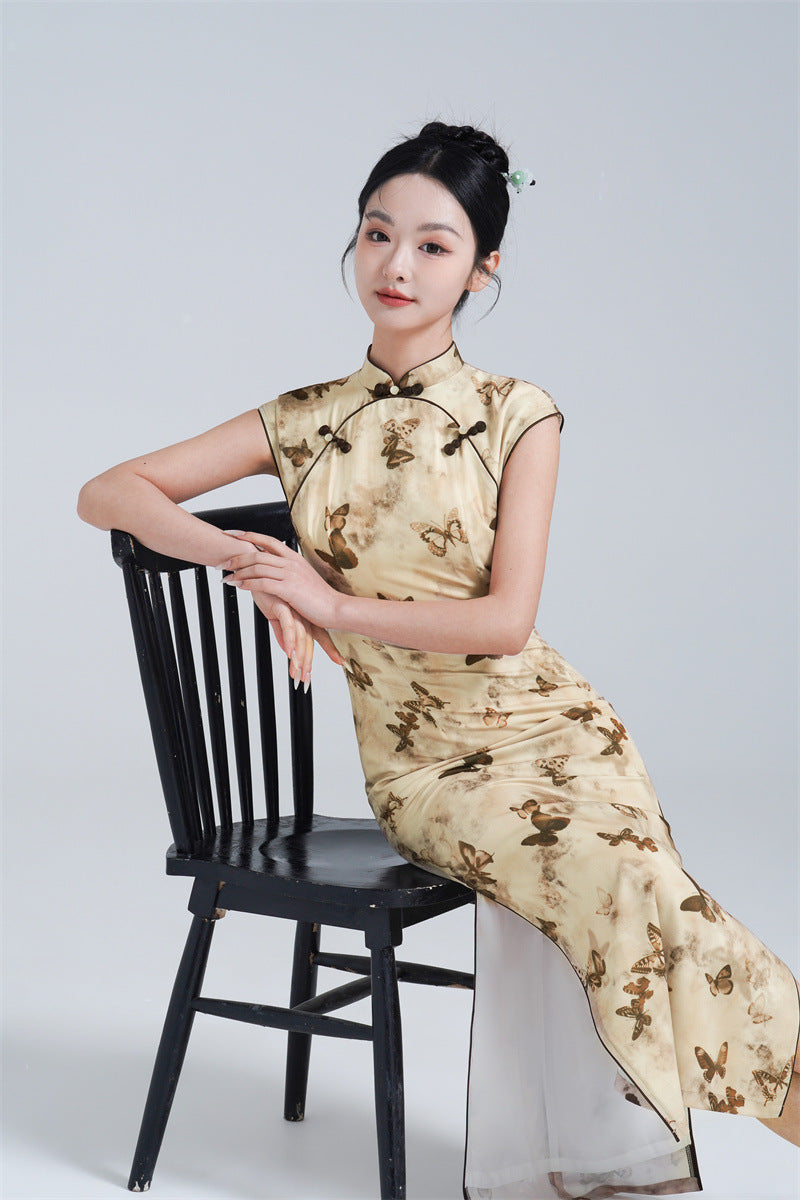 Beige Butterfly Print Qipao Dress