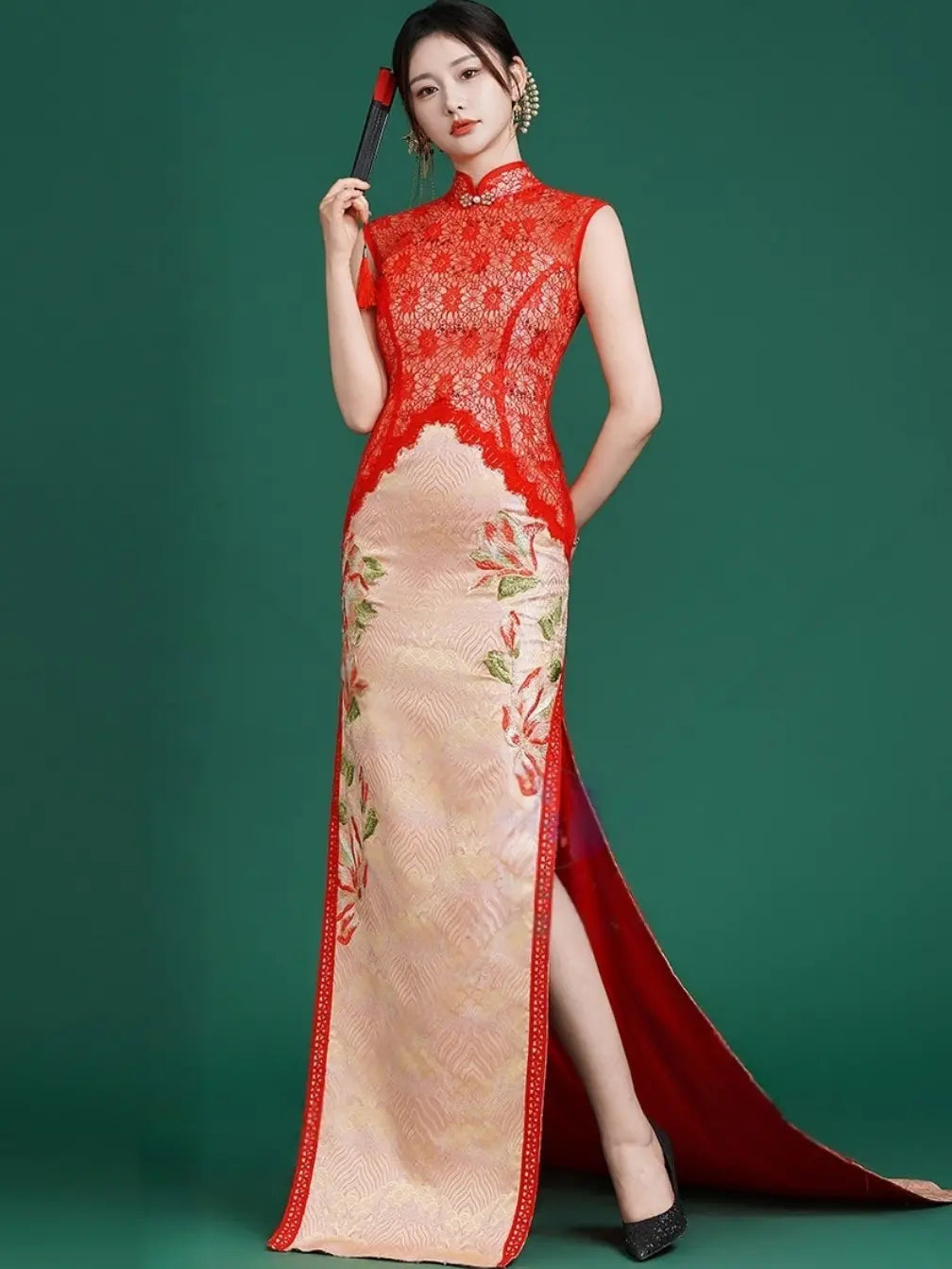Modern Red Lace Overlay Jacquard Wedding Qipao with Train -Custom Size Available
