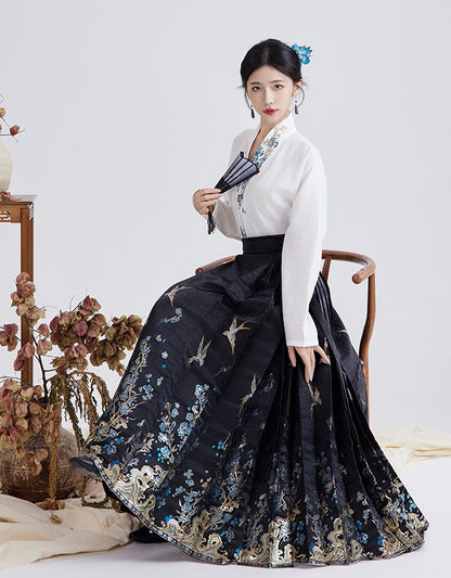 Black Floral Ming-style MaMian Skirt and Cross-collar Blouse