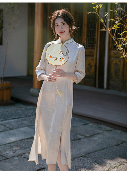 Robe Qipao Cheongsam ample en jacquard blanc ivoire