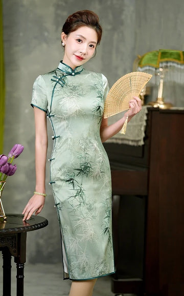 Green Bamboo Leaves Print Silk Qipao Dress