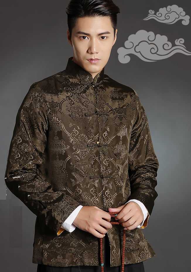 brown and yellow double-sided reversible chinese tang jacket suit