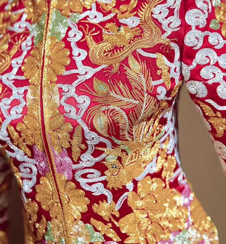 Multicolored Embroidered Qun Kwa - Cai Kwa Chinese Wedding Dress for Bride