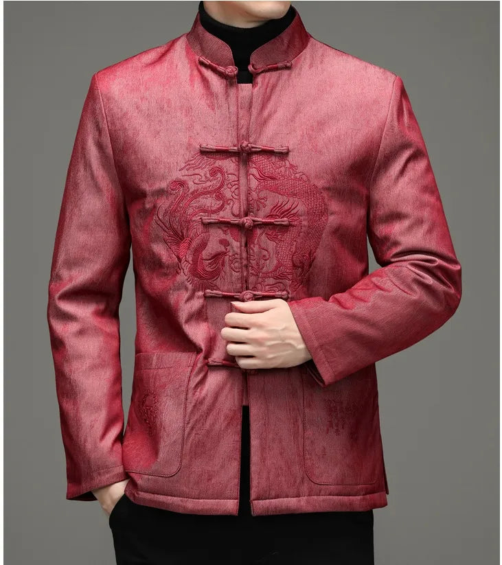Red traditional Chinese Men’s Goose Down Tang Jacket  with dragon design on a gray background