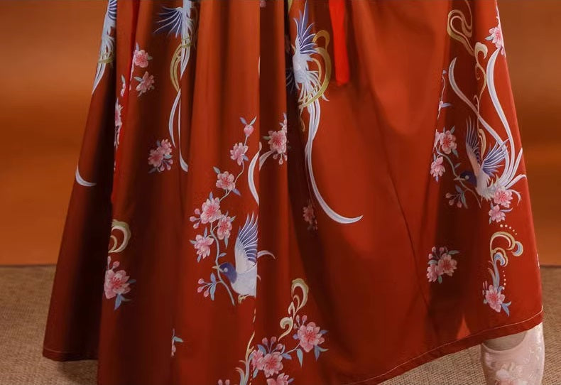 Rot-oranges, mit Blumen besticktes Song HanFu-Kleid | Joy