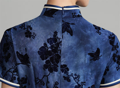 Dark Blue Short Sleeves Floral Velvet Qipao Dress