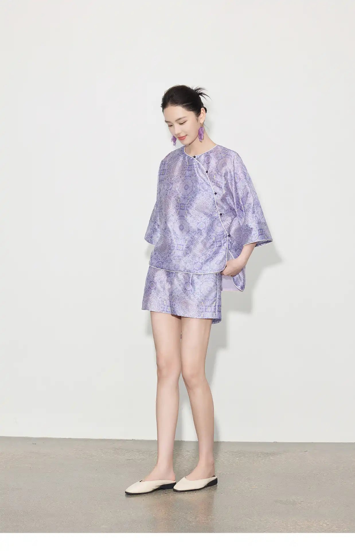 Nouveau style chinois - Haut asymétrique et short taille élastique lilas