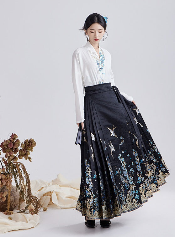 Black Floral Ming-style MaMian Skirt and Cross-collar Blouse