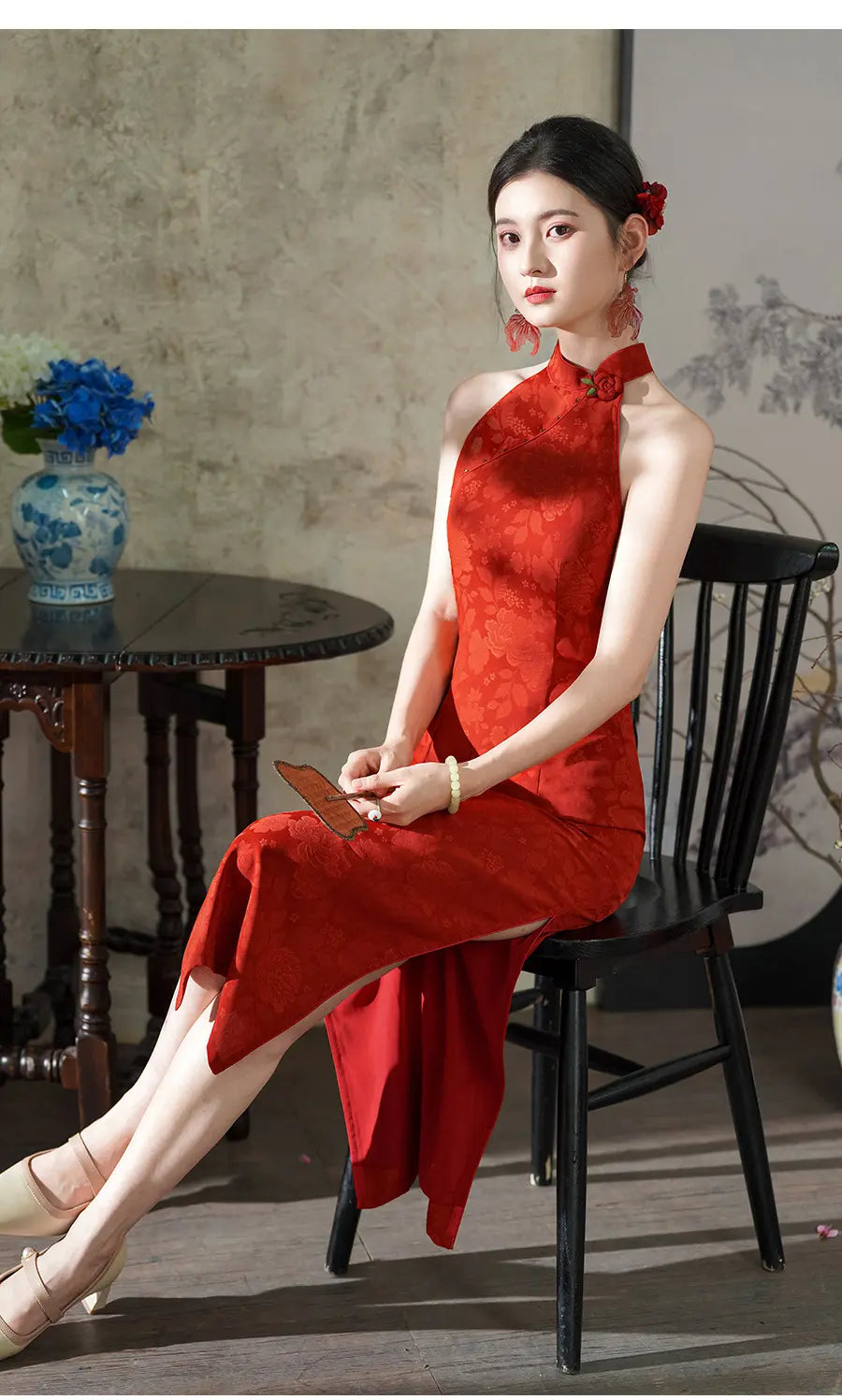 Red Floral Jacquard Halter Modern Bridal Qipao Dress