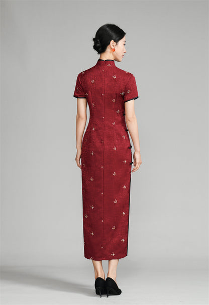 Burgundy Red Short Sleeves Floral Jacquard Qipao Dress