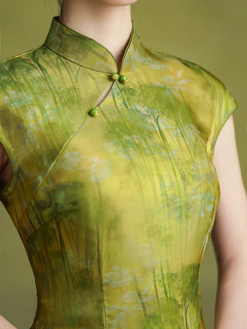 Vintage Green Bamboo Forest Cap Sleeve Qipao Dress