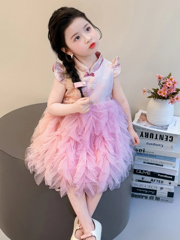 Robe Qipao moderne en tulle rose à fleurs pour filles