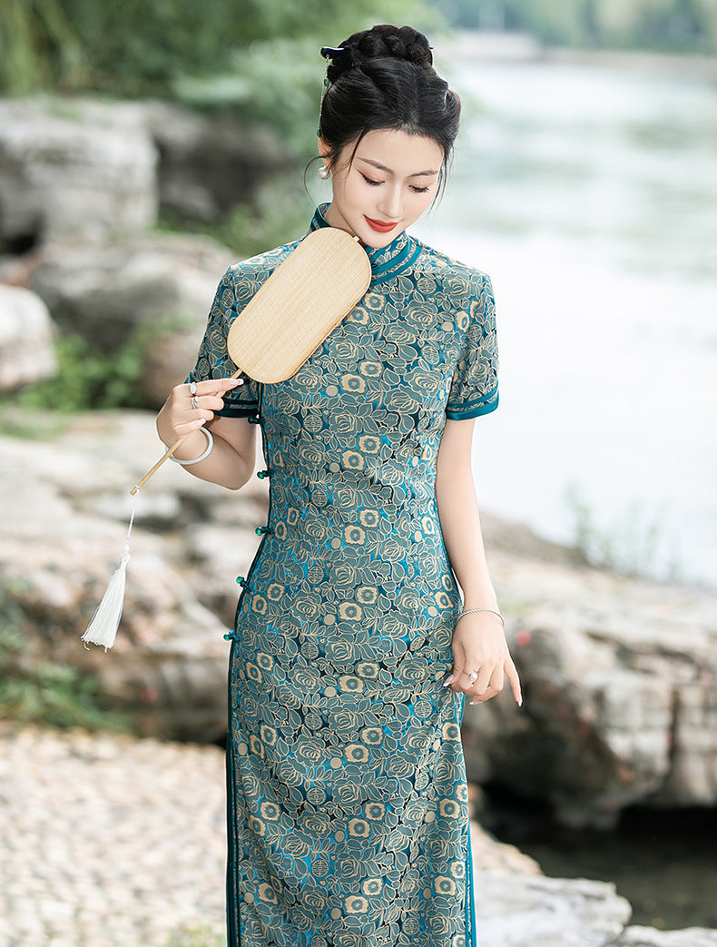 Teal Foral Long Cheongsam Qipao Dress
