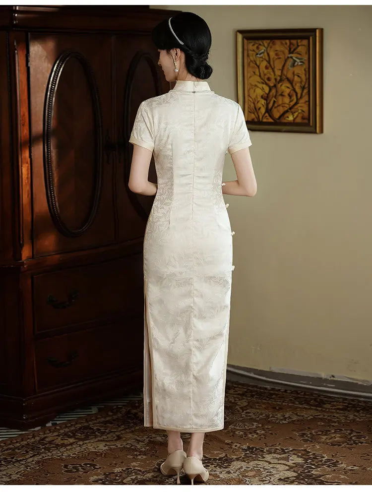 Ivory White Floral Jacquard Short Sleeve Qipao Dress