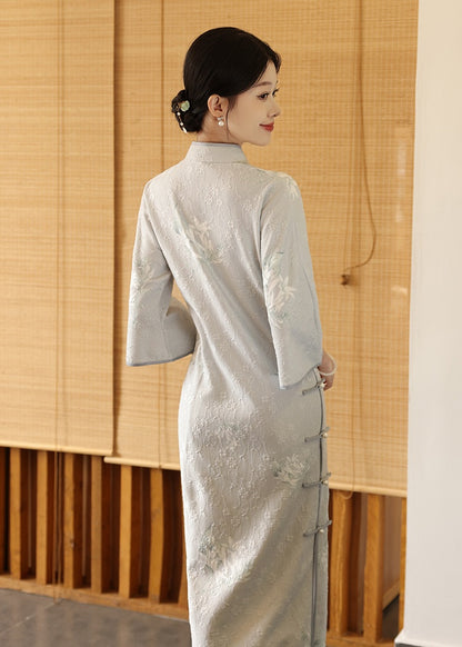 Light Blue Long Sleeves Lace jacquard Cheongsam Qipao Dress