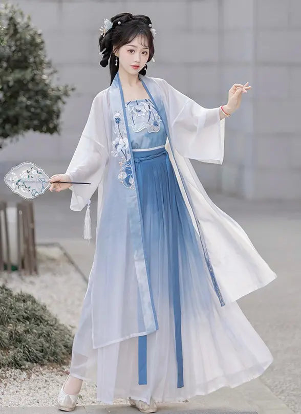 Blue and White Traditional chinese Song Dynasty Hanfu Dress with lotus flowers