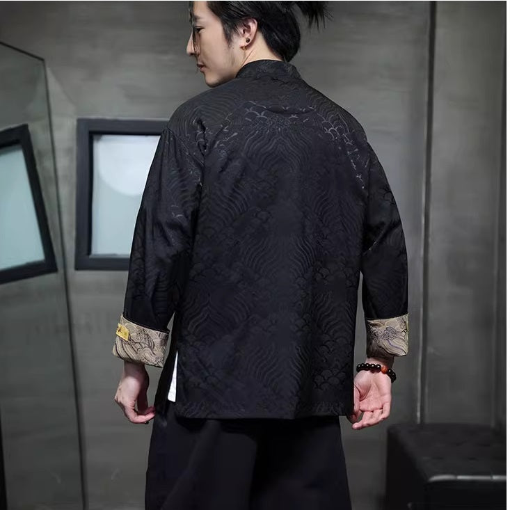 Model in black brocade tang jacket back