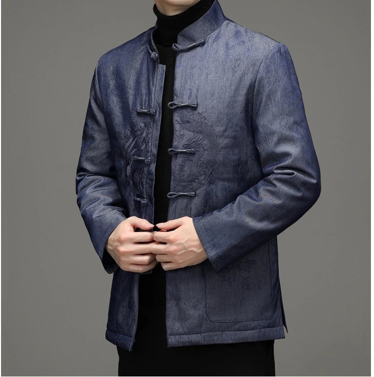 Men’s Dragon Embroidered Goose Down Tang Jacket  worn by a person on a gray background