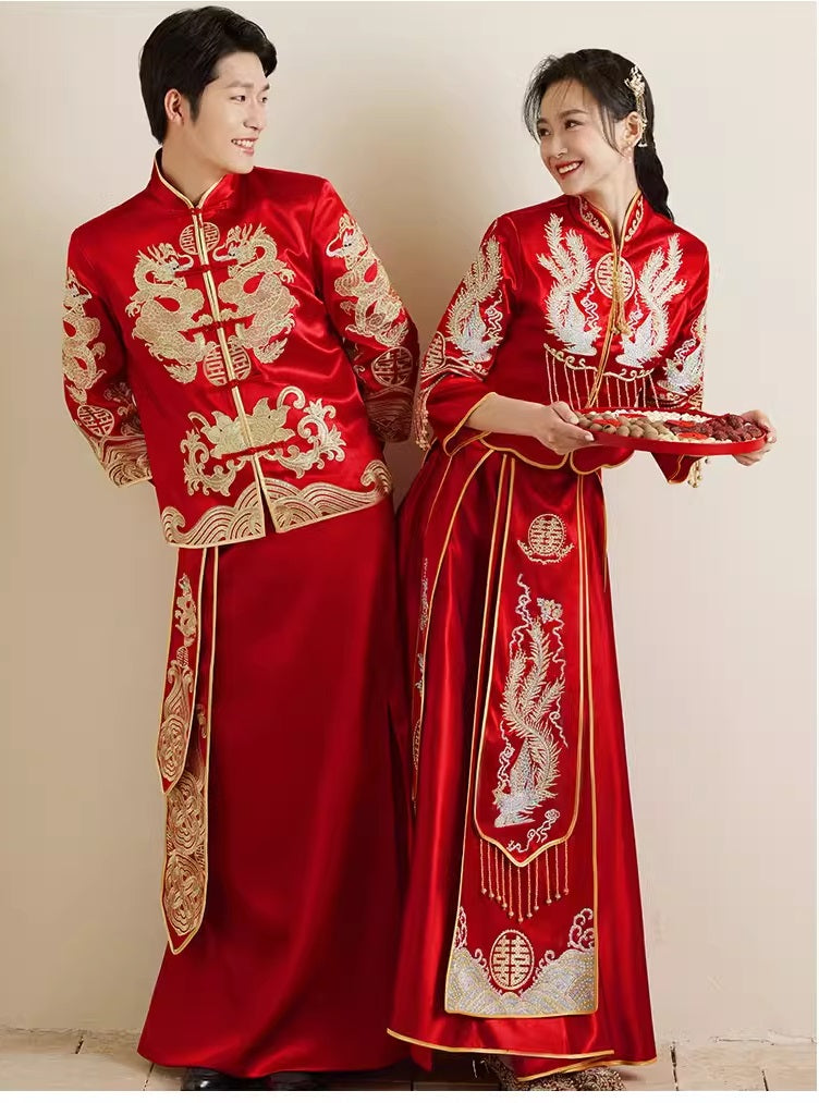 models in traditional red phoenix wedding qun kwa dress and dragon tang suit set