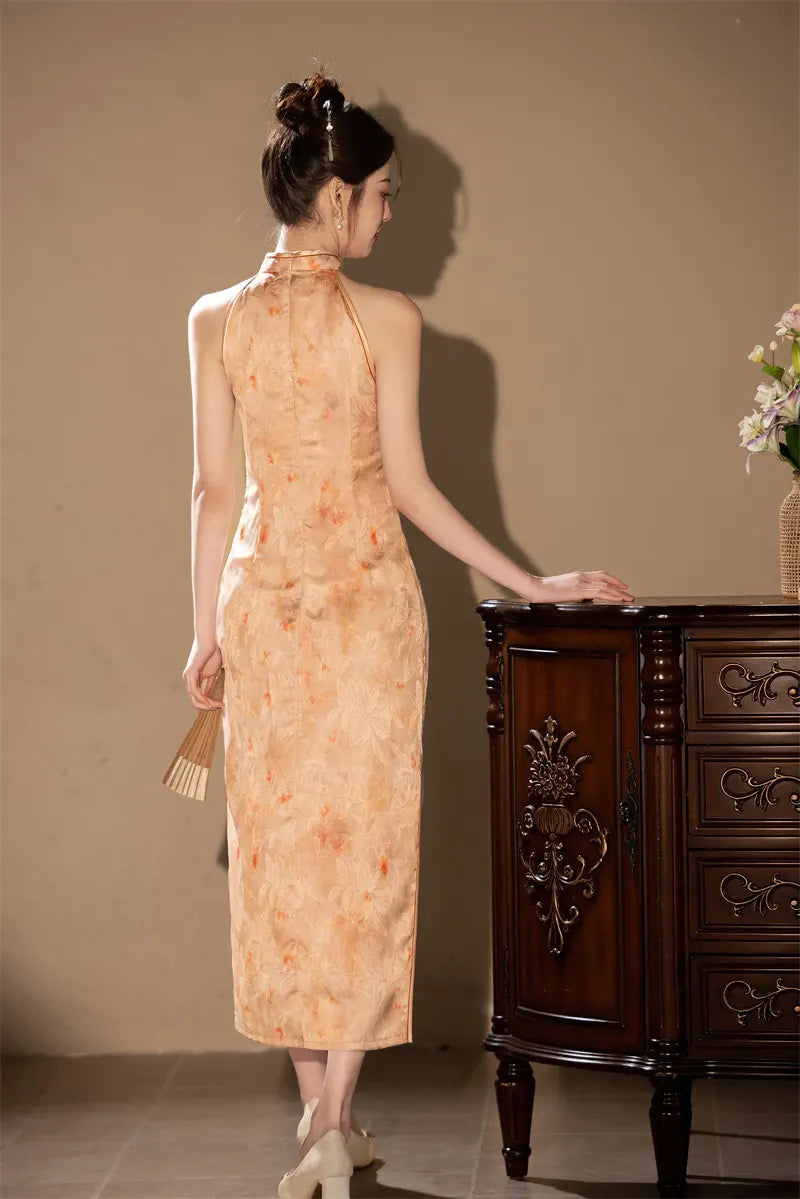 Halter Neck Floral Midi Cheongsam Qipao Dress