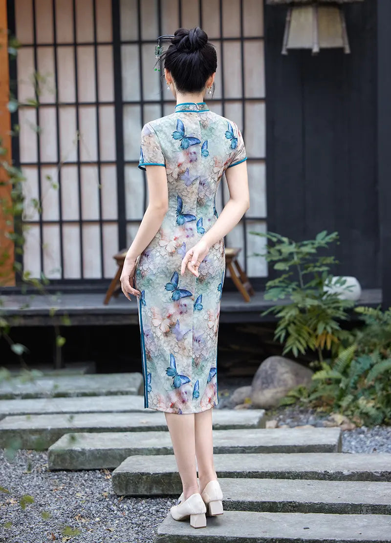 Blue Midi Length Qipao Dress with Butterfly and Floral Print