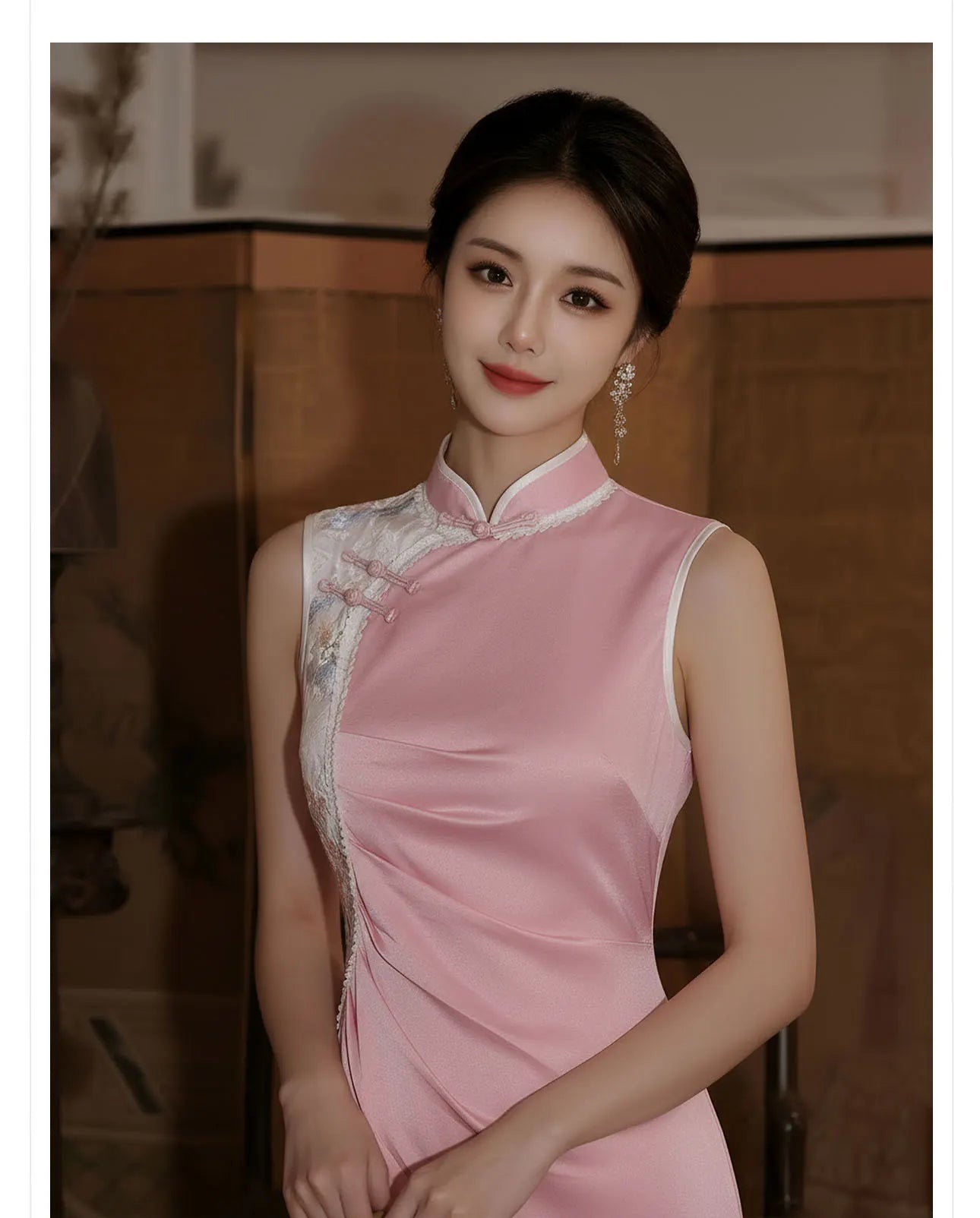 Qipao chinois rose sans manches avec drapé sur le côté