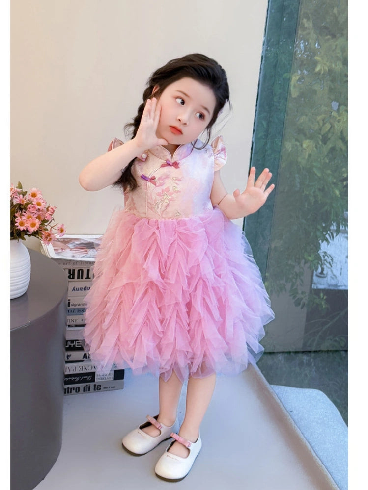 Robe Qipao moderne en tulle rose à fleurs pour filles