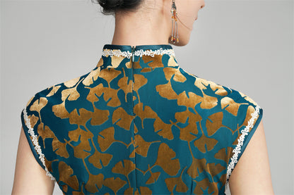 Velvet Ginkgo Leaf Floral Print Cheongsam Dress