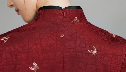 Burgundy Red Short Sleeves Floral Jacquard Qipao Dress