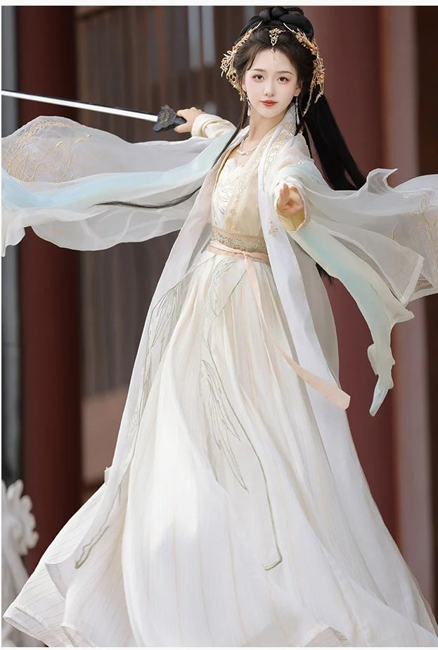 Elfenbeinweißes Hanfu-Kleid-Set aus der Song-Dynastie | Goldene Feder