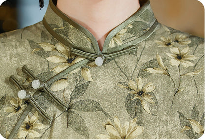 Mute Green Floral Silk Qipao Dress | Daisy