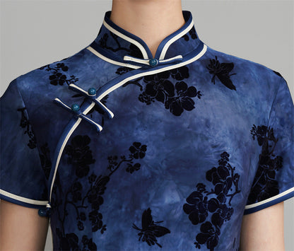 Dark Blue Short Sleeves Floral Velvet Qipao Dress